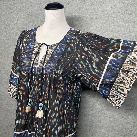 Democracy Tops - Democracy Womens Large Boho Top Black Multi Colored Beaded Wood Tassel V Neck